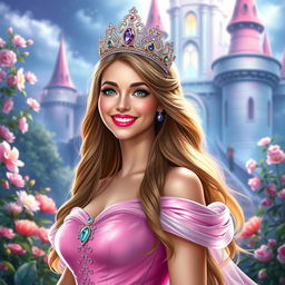 A beautiful princess with vibrant pink lips and a sparkling crown adorned with jewels, dressed in a luxurious gown that flows elegantly