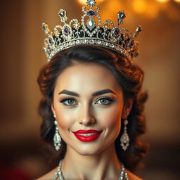 A stunning portrait of a woman with beautifully painted lips, wearing an elegant crown adorned with jewels