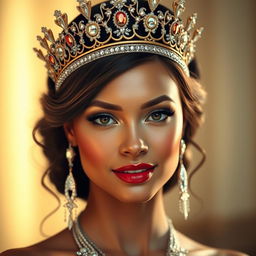 A stunning portrait of a woman with beautifully painted lips, wearing an elegant crown adorned with jewels