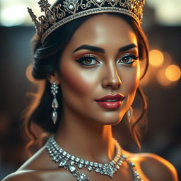 A stunning portrait of a woman with beautifully painted lips, wearing an elegant crown adorned with jewels