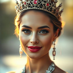 A stunning portrait of a woman with beautifully painted lips, wearing an elegant crown adorned with jewels