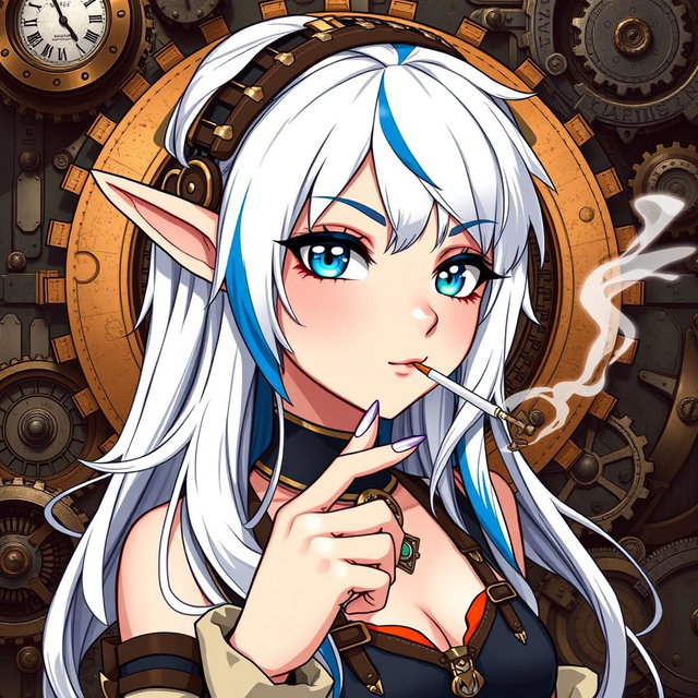 A captivating half-high elf woman in a steampunk style, showcasing striking white hair with a blue stripe