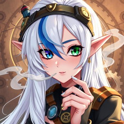 A captivating half-high elf woman in a steampunk style, showcasing striking white hair with a blue stripe