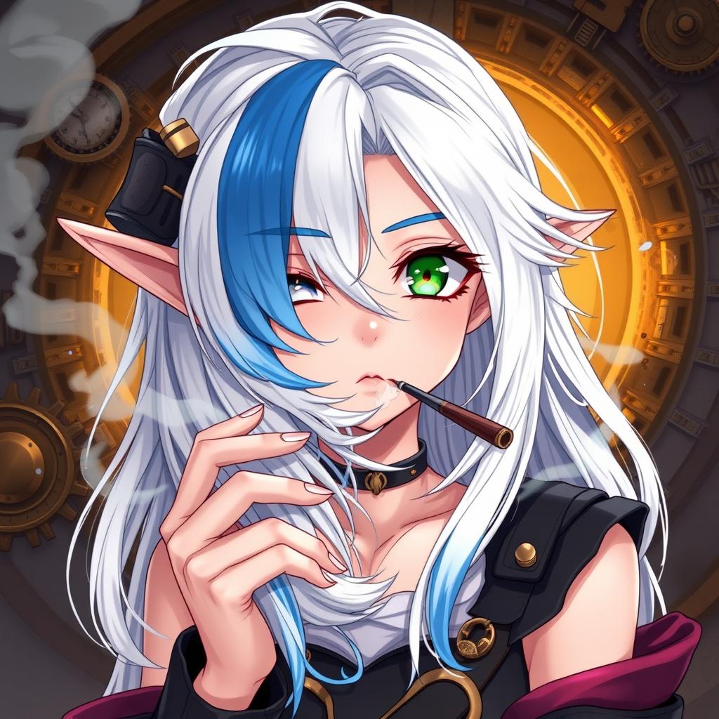 A captivating half-high elf woman in a steampunk style, showcasing striking white hair with a blue stripe