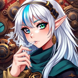 A captivating half-high elf woman in a steampunk style, showcasing striking white hair with a blue stripe
