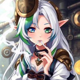A captivating half-high elf woman styled in a unique steampunk theme, featuring stunning white hair with green and blue stripes