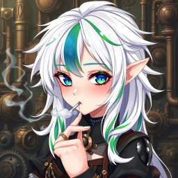 A captivating half-high elf woman styled in a unique steampunk theme, featuring stunning white hair with green and blue stripes