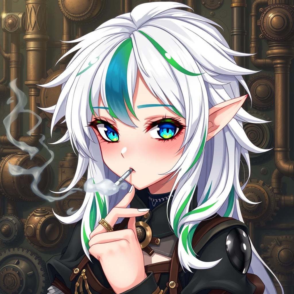 A captivating half-high elf woman styled in a unique steampunk theme, featuring stunning white hair with green and blue stripes