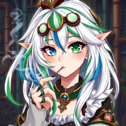 A captivating half-high elf woman styled in a unique steampunk theme, featuring stunning white hair with green and blue stripes