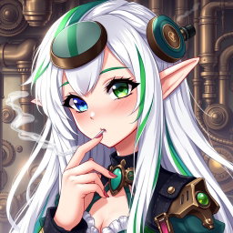 A captivating half-high elf woman styled in a unique steampunk theme, featuring stunning white hair with green and blue stripes