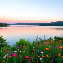A serene landscape featuring a calm lake, surrounded by lush green trees and vibrant wildflowers in full bloom