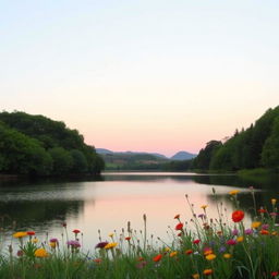 A serene landscape featuring a calm lake, surrounded by lush green trees and vibrant wildflowers in full bloom