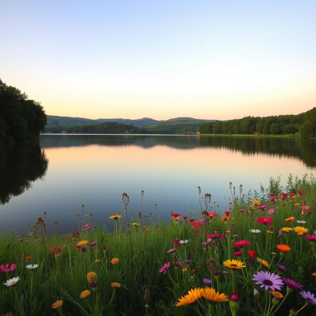 A serene landscape featuring a calm lake, surrounded by lush green trees and vibrant wildflowers in full bloom