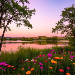 A serene landscape featuring a calm lake, surrounded by lush green trees and vibrant wildflowers in full bloom