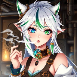 A stunning half-high elf woman styled in a striking steampunk aesthetic, featuring white hair adorned with green and blue stripes