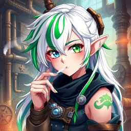 A stunning half-high elf woman styled in a striking steampunk aesthetic, featuring white hair adorned with green and blue stripes