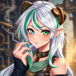 A stunning half-high elf woman styled in a striking steampunk aesthetic, featuring white hair adorned with green and blue stripes