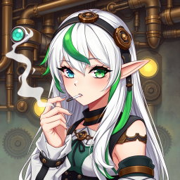 A stunning half-high elf woman styled in a striking steampunk aesthetic, featuring white hair adorned with green and blue stripes