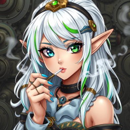 An enchanting elf woman styled in a striking steampunk fashion, featuring beautiful white hair accented with both green and blue stripes