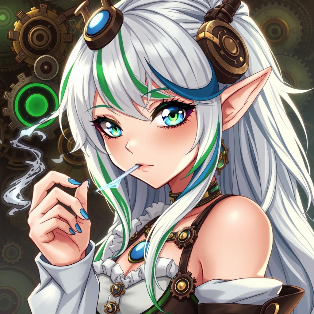 An enchanting elf woman styled in a striking steampunk fashion, featuring beautiful white hair accented with both green and blue stripes