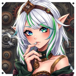 An enchanting elf woman styled in a striking steampunk fashion, featuring beautiful white hair accented with both green and blue stripes