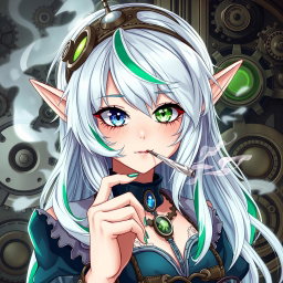 An enchanting elf woman styled in a striking steampunk fashion, featuring beautiful white hair accented with both green and blue stripes