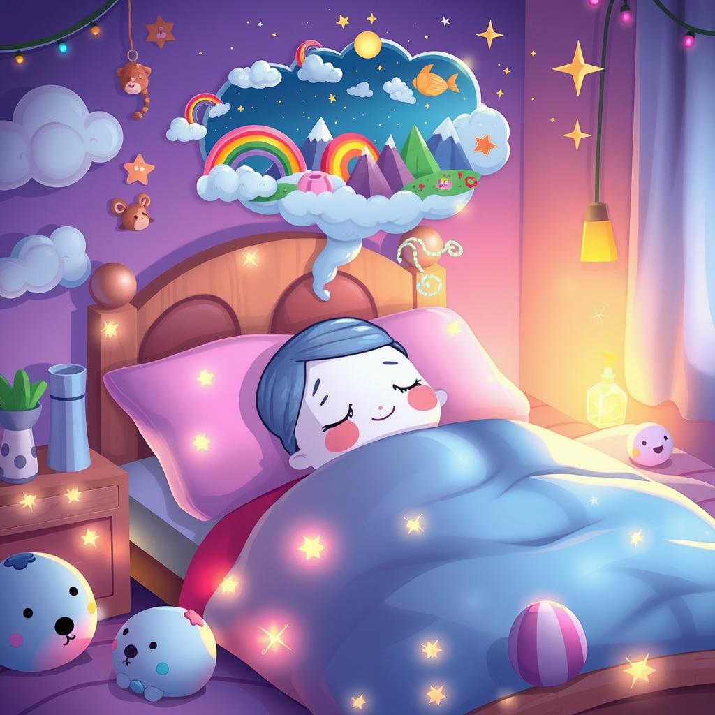 A whimsical cartoon character sleeping peacefully in their colorful bed, surrounded by an array of fantastical dream elements like floating clouds, playful animals, and sparkly stars