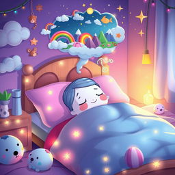 A whimsical cartoon character sleeping peacefully in their colorful bed, surrounded by an array of fantastical dream elements like floating clouds, playful animals, and sparkly stars