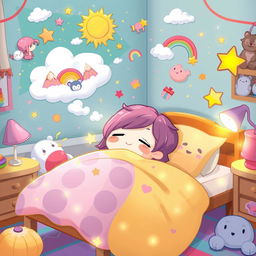 A whimsical cartoon character sleeping peacefully in their colorful bed, surrounded by an array of fantastical dream elements like floating clouds, playful animals, and sparkly stars