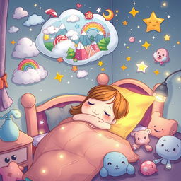 A whimsical cartoon character sleeping peacefully in their colorful bed, surrounded by an array of fantastical dream elements like floating clouds, playful animals, and sparkly stars