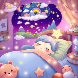 A whimsical cartoon character sleeping peacefully in their colorful bed, surrounded by an array of fantastical dream elements like floating clouds, playful animals, and sparkly stars