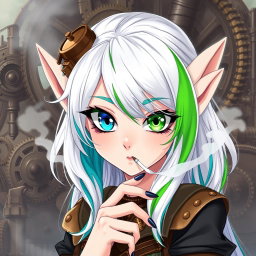 A mesmerizing elf woman styled in a distinctive steampunk fashion, featuring white hair with striking green and blue stripes