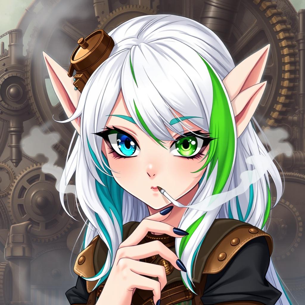 A mesmerizing elf woman styled in a distinctive steampunk fashion, featuring white hair with striking green and blue stripes