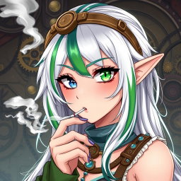 A mesmerizing elf woman styled in a distinctive steampunk fashion, featuring white hair with striking green and blue stripes