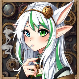 A mesmerizing elf woman styled in a distinctive steampunk fashion, featuring white hair with striking green and blue stripes