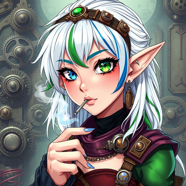 A mesmerizing elf woman styled in a distinctive steampunk fashion, featuring white hair with striking green and blue stripes