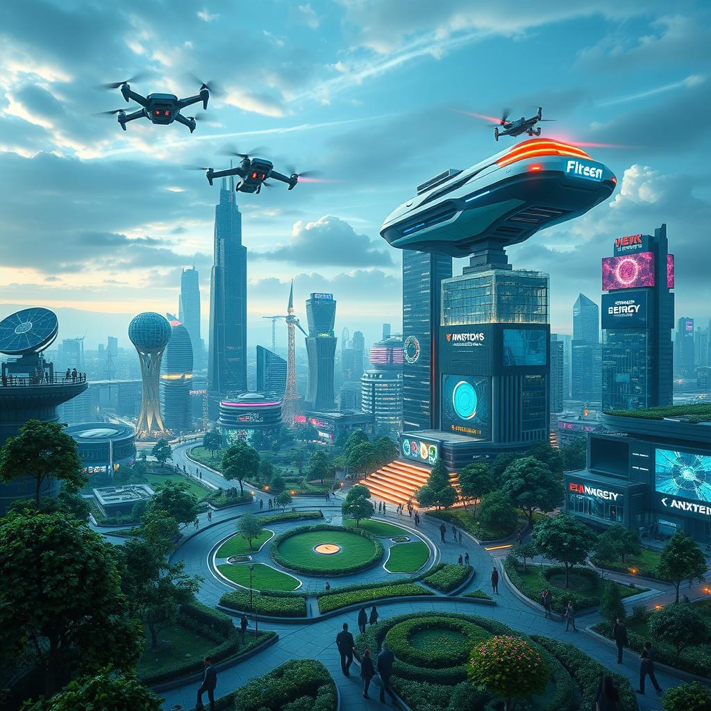 A futuristic cityscape showcasing advanced technology and architecture, featuring flying cars and drones in the sky, lush green spaces integrated with smart buildings, people in high-tech wear, vibrant neon lights, and digital billboards