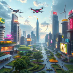 A futuristic cityscape showcasing advanced technology and architecture, featuring flying cars and drones in the sky, lush green spaces integrated with smart buildings, people in high-tech wear, vibrant neon lights, and digital billboards
