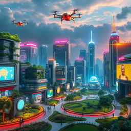 A futuristic cityscape showcasing advanced technology and architecture, featuring flying cars and drones in the sky, lush green spaces integrated with smart buildings, people in high-tech wear, vibrant neon lights, and digital billboards