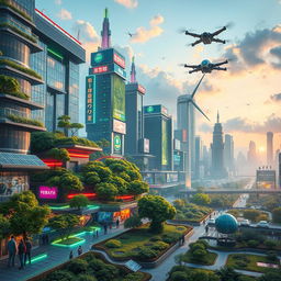 A futuristic cityscape showcasing advanced technology and architecture, featuring flying cars and drones in the sky, lush green spaces integrated with smart buildings, people in high-tech wear, vibrant neon lights, and digital billboards