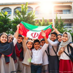 A vibrant school scene in Iran, showcasing a diverse group of students enthusiastically raising the Iranian flag together