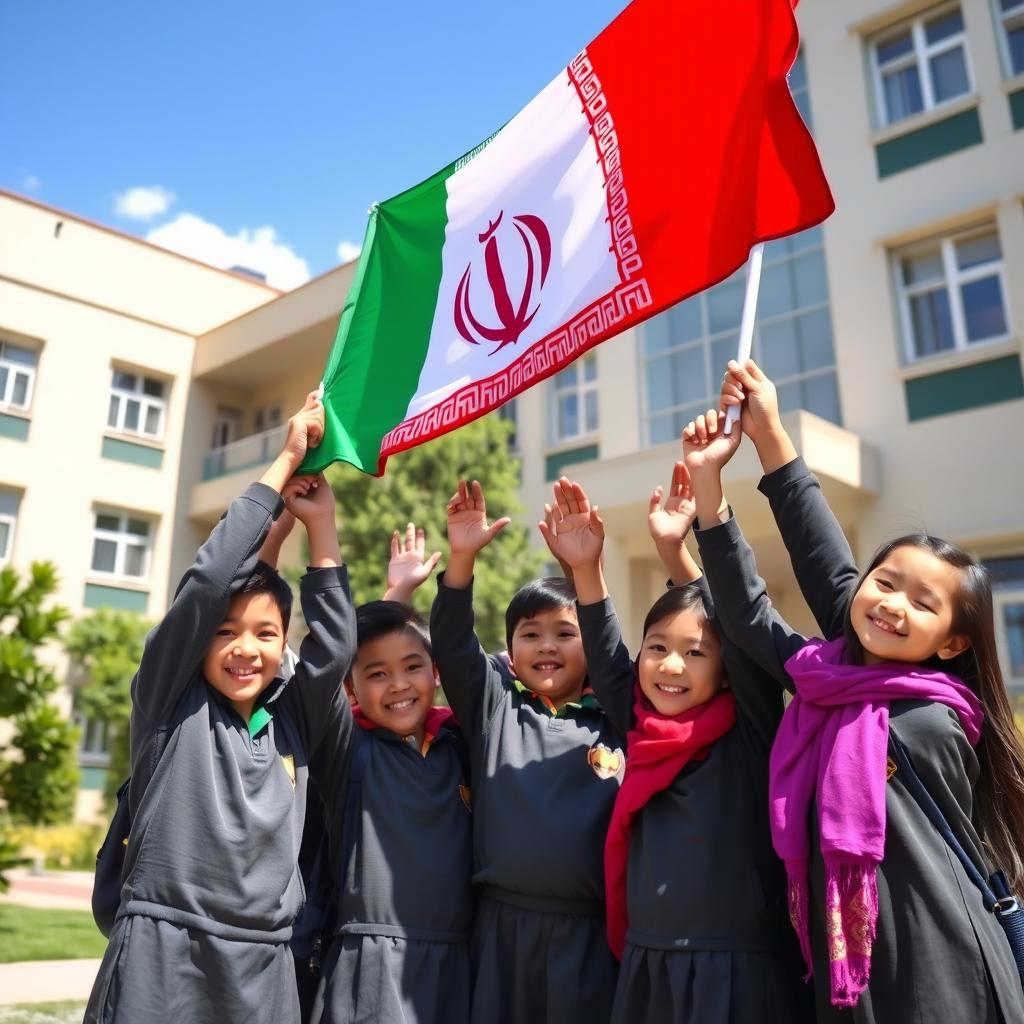 A vibrant school scene in Iran, showcasing a diverse group of students enthusiastically raising the Iranian flag together