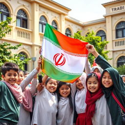 A vibrant school scene in Iran, showcasing a diverse group of students enthusiastically raising the Iranian flag together