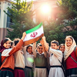 A vibrant school scene in Iran, showcasing a diverse group of students enthusiastically raising the Iranian flag together