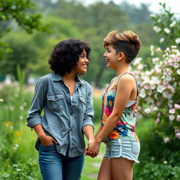 Two young lesbian girls in a beautiful natural setting, holding hands and gazing into each other's eyes with affection
