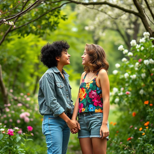 Two young lesbian girls in a beautiful natural setting, holding hands and gazing into each other's eyes with affection