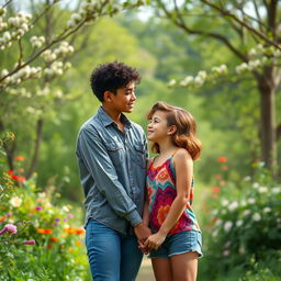 Two young lesbian girls in a beautiful natural setting, holding hands and gazing into each other's eyes with affection