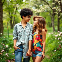 Two young lesbian girls in a beautiful natural setting, holding hands and gazing into each other's eyes with affection