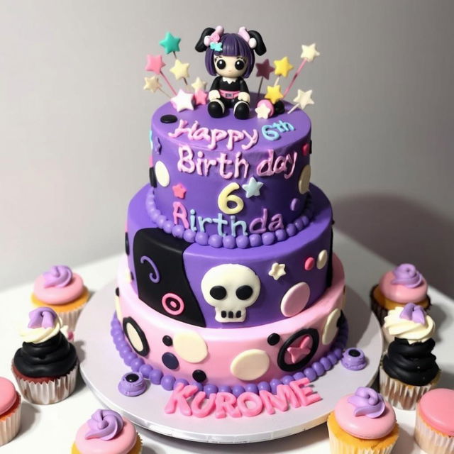 A beautifully decorated Kuromi-themed cake, showcasing vibrant colors in shades of purple, black, and white