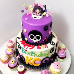A beautifully decorated Kuromi-themed cake, showcasing vibrant colors in shades of purple, black, and white